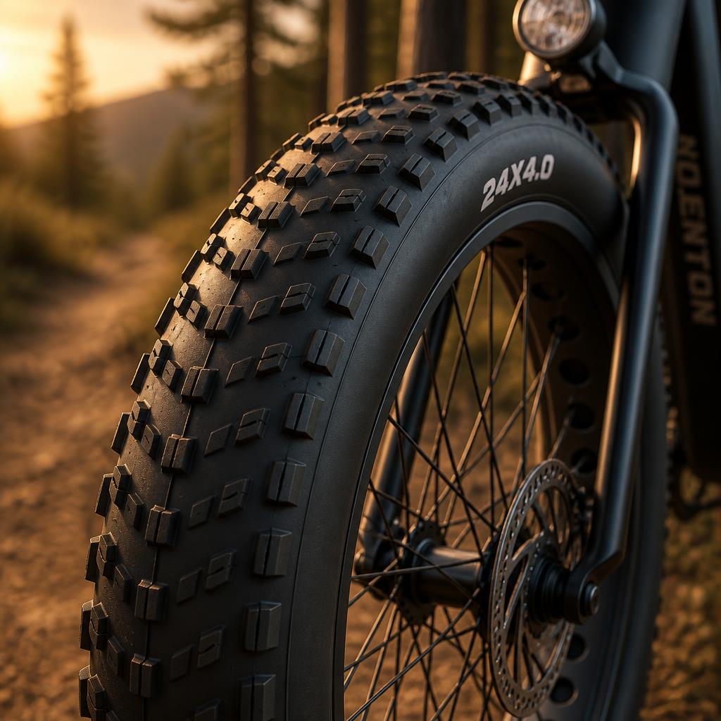 Close-up of 24x4 inch fat tires with deep tread